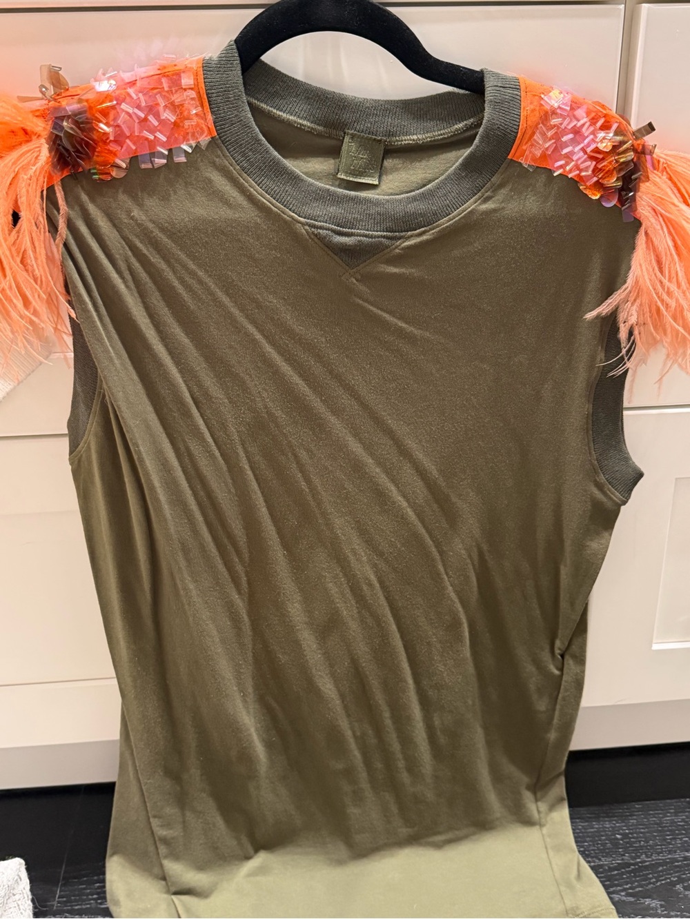 Sleeveless Embellished Shoulder Top - Olive with Orange Feathers & Sequins